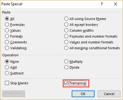 Transpose option in excel